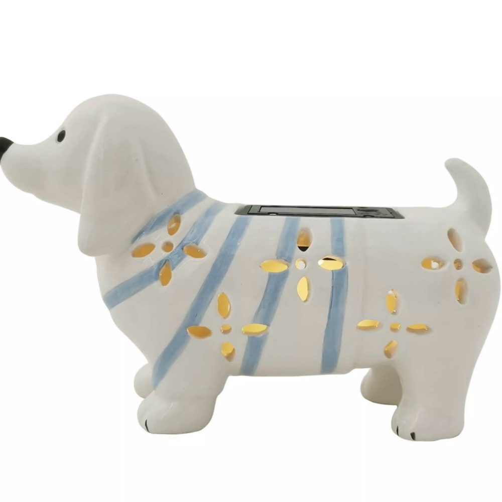 Sonoma for Life Dachshund Figurine SOLAR LANTERN - White and Blue Ceramic